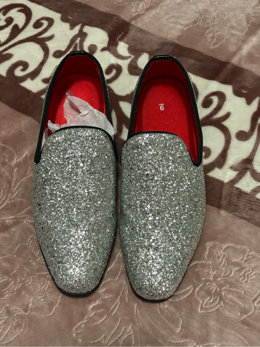 Men’s Silver Glitter Slip-On Loafers with Red Insole- NWOT